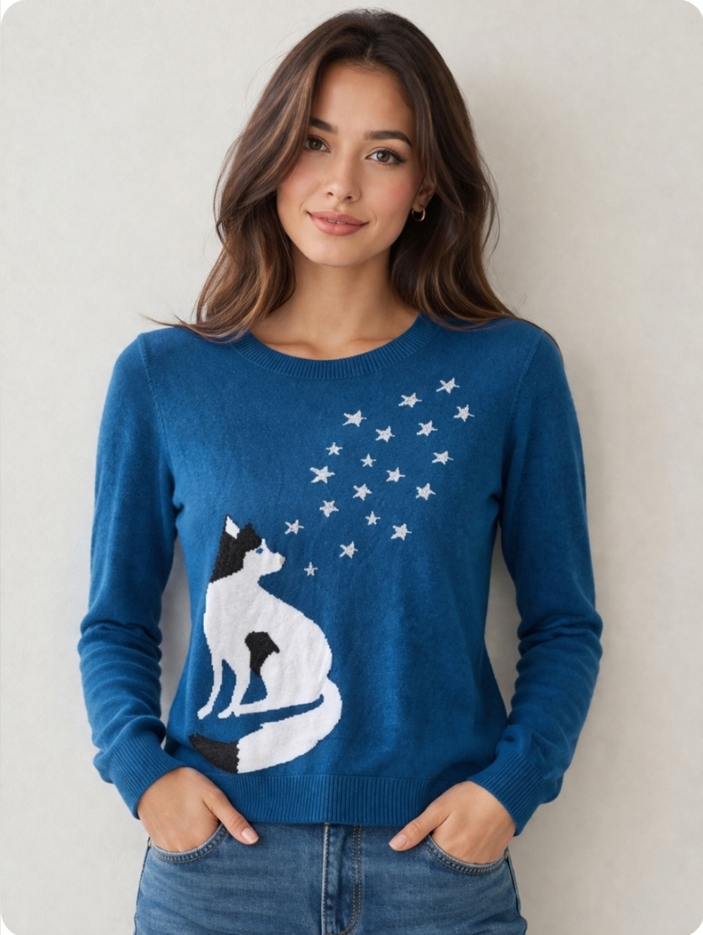 NWT LOFT Teal Blue Long Sleeve Crewneck Novelty Sweater Wolf Husky Dog Small